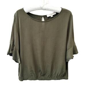 LOFT | Olive Green Flutter Sleeve Blouson Hem Top | Medium